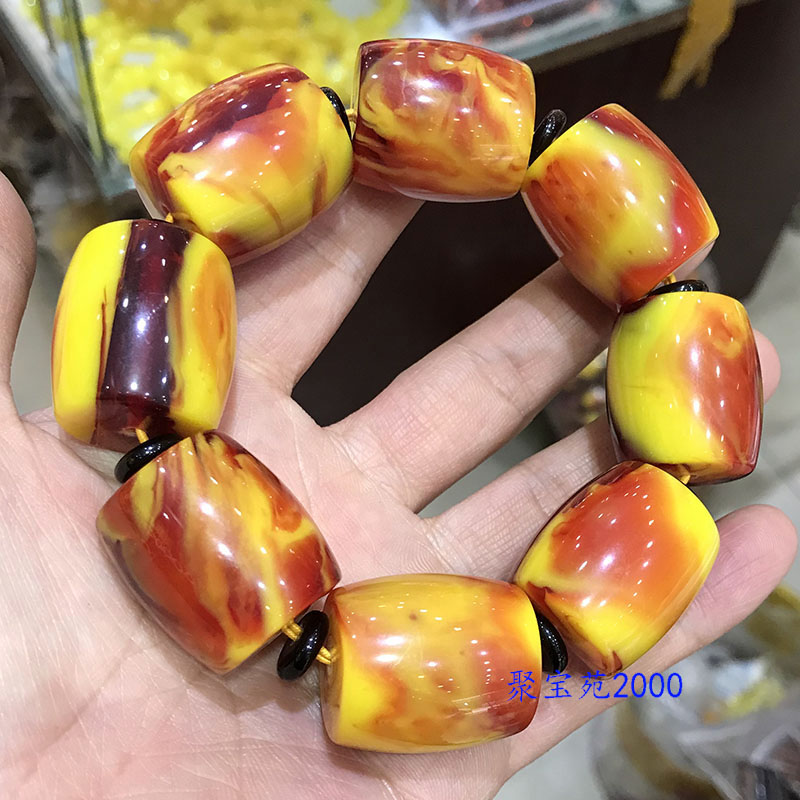 新款大号蜜蜡桶珠手链鸡油黄老蜜蜡路路通手链蜜蜡金纹蜜圆柱手串