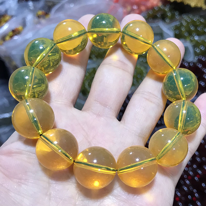 缅甸净水金珀手串蜜蜡招财黄琥珀手链单圈圆珠手串佛珠转运珠念珠