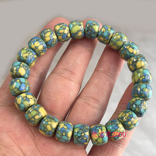仿天然高瓷绿松石老型桶珠手串男女唐三彩乌兰花松石文玩单圈手饰