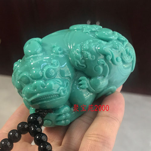 原矿高瓷蓝绿松石貔貅手把件玉石招财皮丘把玩件文玩玉器茶宠摆件
