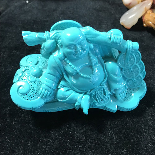 天然绿松石精雕招财进宝笑佛摆件