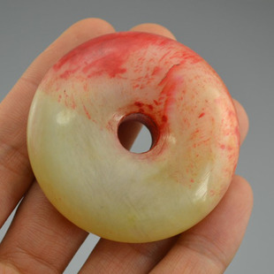 天然岫玉处理色鸡血石平安扣吊坠DIY流苏包挂车挂鸡血玉玉佩挂件