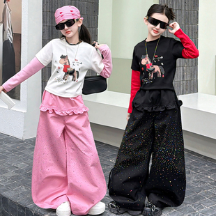 女童小马假两件2026春款中大童时尚百搭T恤阔腿裤子女生爆款套装