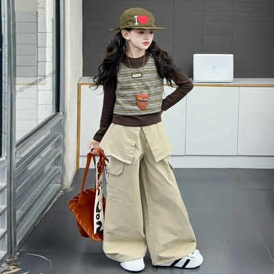 女童秋款套装2025中大童洋气彩条背心打底衫工装裤时髦女孩三件套