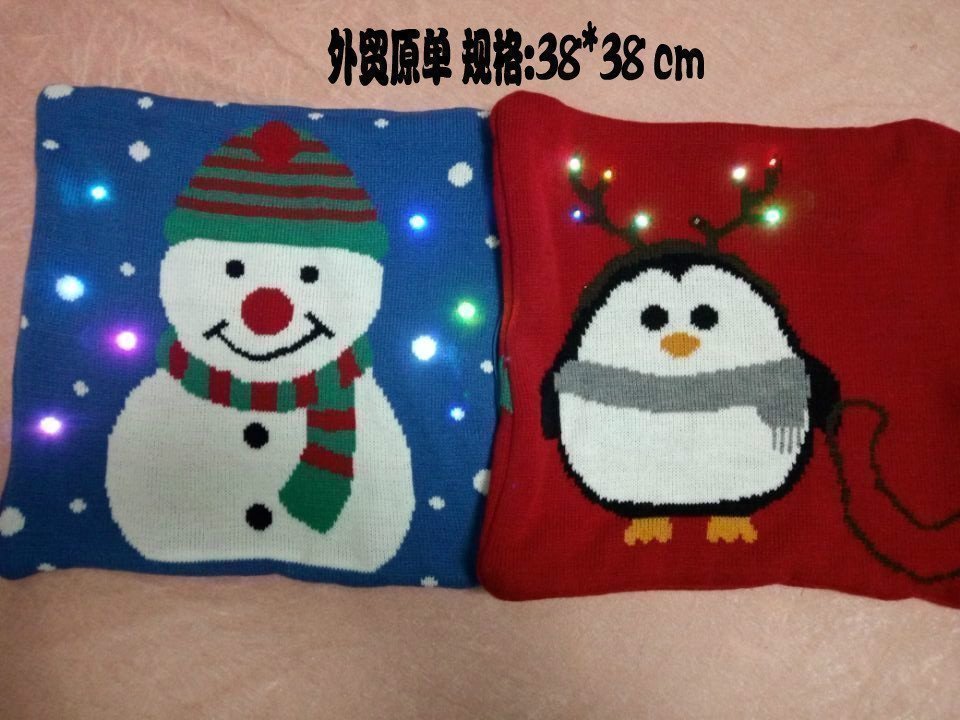 外贸单圣诞节生日装饰沙发针织抱枕雪人企鹅汽车靠垫枕LED发光灯