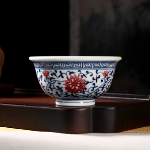 青花主人杯缠枝莲釉里红压手杯景德镇手绘品茗杯高端茶具单杯高温