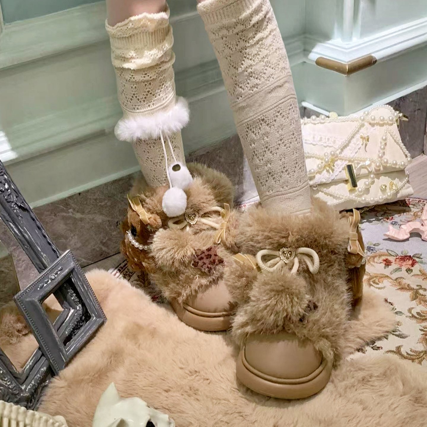 pinkyo原创浅棕色小熊仿羊羔毛圆头靴子甜美风复古加厚保暖雪地靴