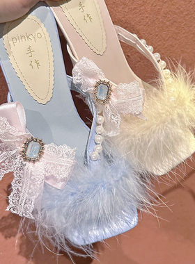 SwtCor甜核原创法式仙女风毛毛凉拖鞋夏季甜美蝴蝶结粗跟外穿lo鞋