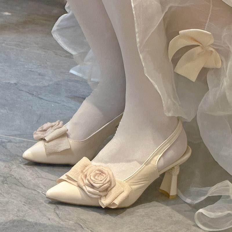 SwtCor甜核原创法式尖头玫瑰花浅口高跟鞋春季后空包头细跟凉鞋女