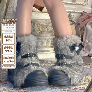 pinkyo原创蝴蝶结毛毛雪地靴女2024冬季 小众千禧厚底加绒保暖短靴