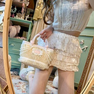 SwtCor甜核原创法式甜美风蕾丝珍珠流苏手提包少女风草编小包包女