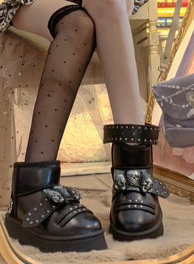 SwtCor甜核原创黑色靴子骷髅小众时尚靴增高厚底高级感朋克机车靴
