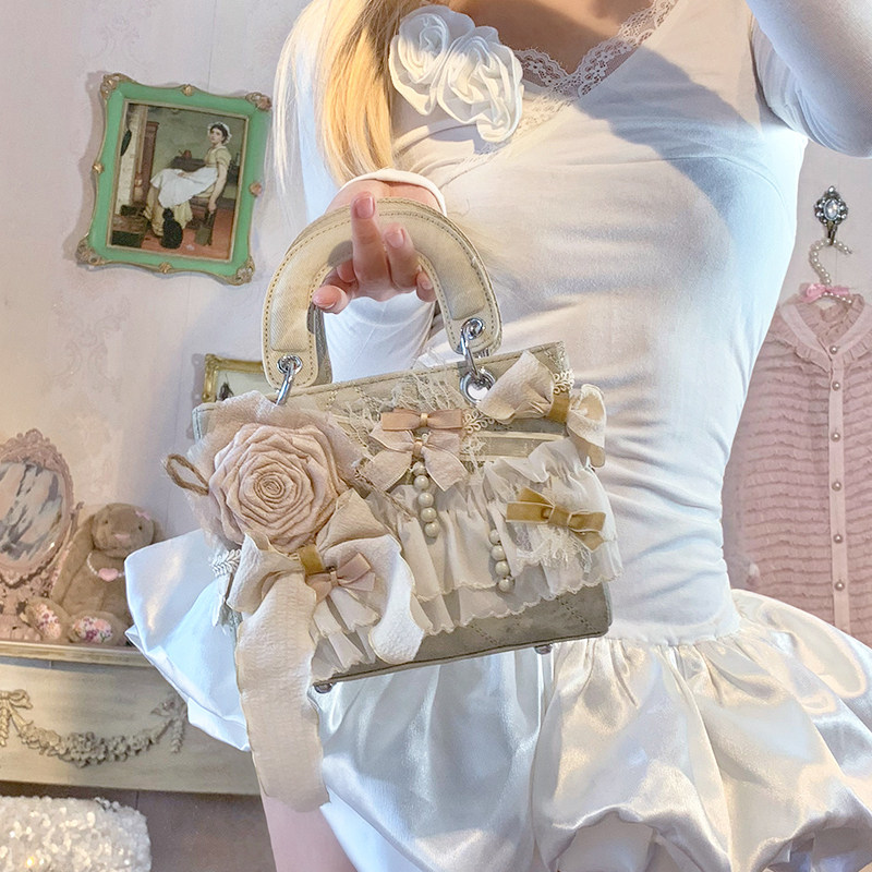 pinkyo原创玫瑰蝴蝶结蕾丝缎带卡其色包包法式复古优雅公主手提包