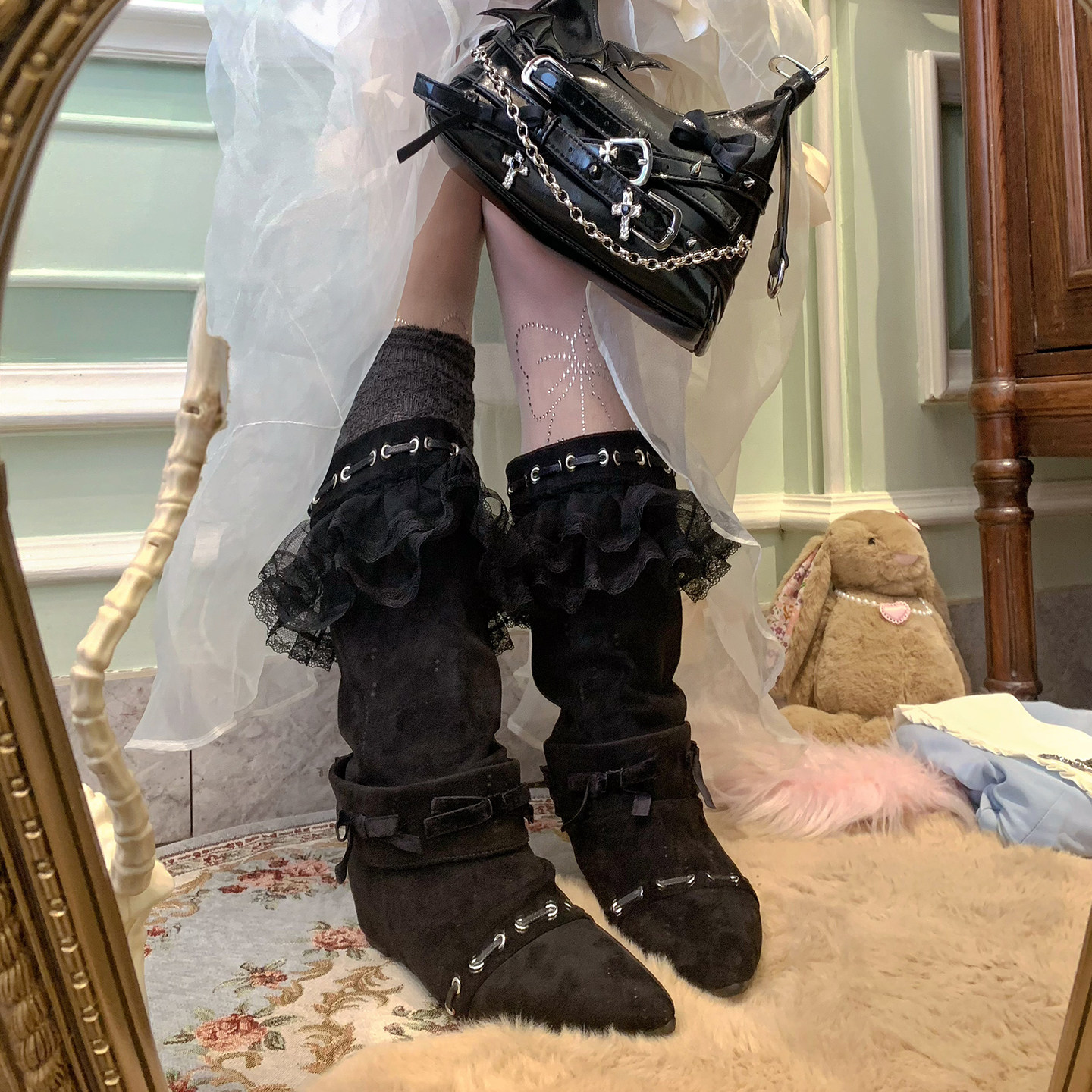 pinkyo原创蕾丝边蝴蝶结暗黑风中筒靴复古日系绑带亚文化尖头靴女