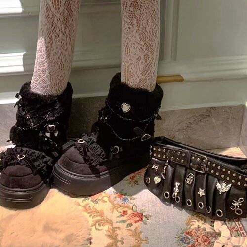 pinkyo原创黑色靴子毛毛韩系秋冬保暖高筒仿兔毛长筒靴甜美雪地靴