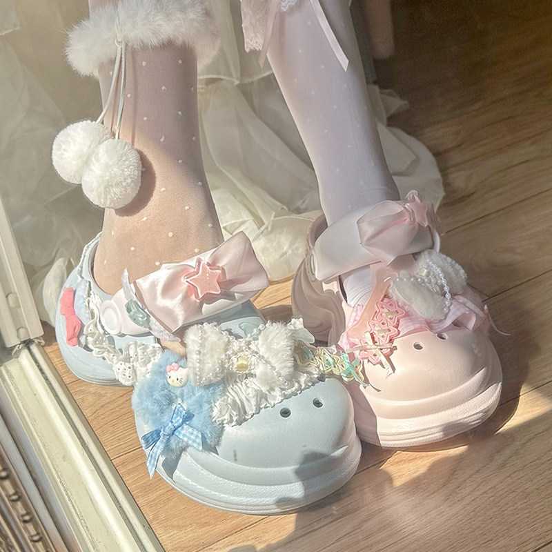 pinkyo原创可爱少女粉蓝秋冬加绒洞洞鞋外穿百搭厚底增高包头拖鞋
