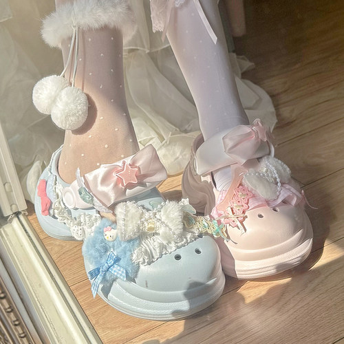pinkyo原创粉蓝蕾丝绑带洞洞鞋