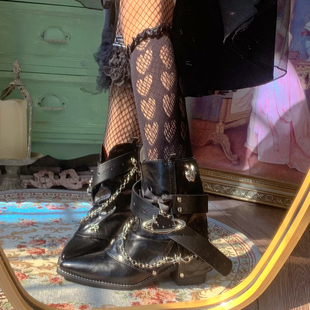 pinkyo原创金属链皮带爱心蝴蝶结高跟靴朋克街头yk2甜酷尖头短靴