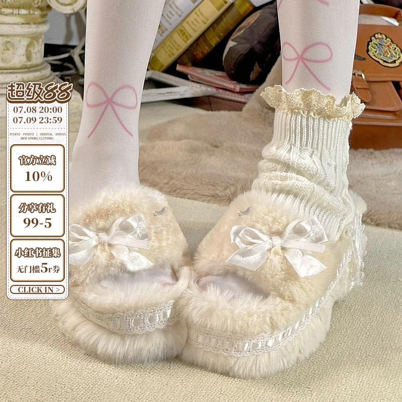 pinkyo原创丝绒蝴蝶结毛毛拖鞋秋季可爱甜美厚底增高包头外穿棉拖,女鞋,一字拖,淘宝优惠券,粉丝福利购,淘宝优惠卷