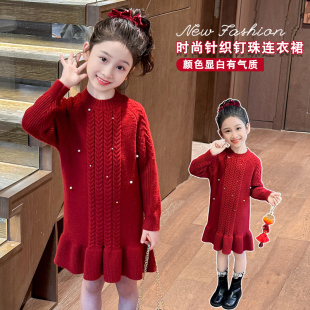 女童红色新中式毛衣连衣裙冬装2025新款女孩新年战袍鱼尾裙拜年服