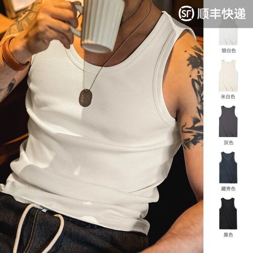 马登工装复古纯色修身无袖背心