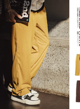 马登工装美式方格黄色玉米绒休闲裤直筒抽绳束脚宽松长裤子男款春
