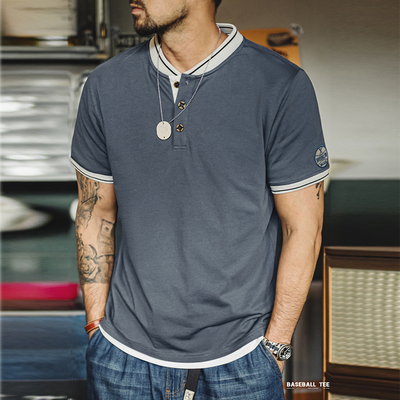 马登工装美式复古棒球领亨利衫T恤纯棉硬汉重磅灰蓝撞色短袖男夏