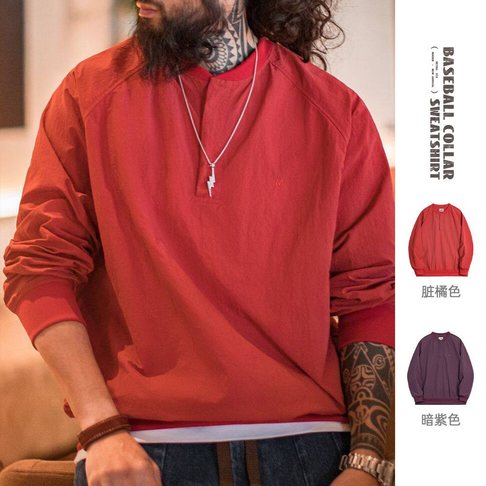 马登工装 美式复古棒球领卫衣新年红色上衣宽松套头衫圆领T恤男春