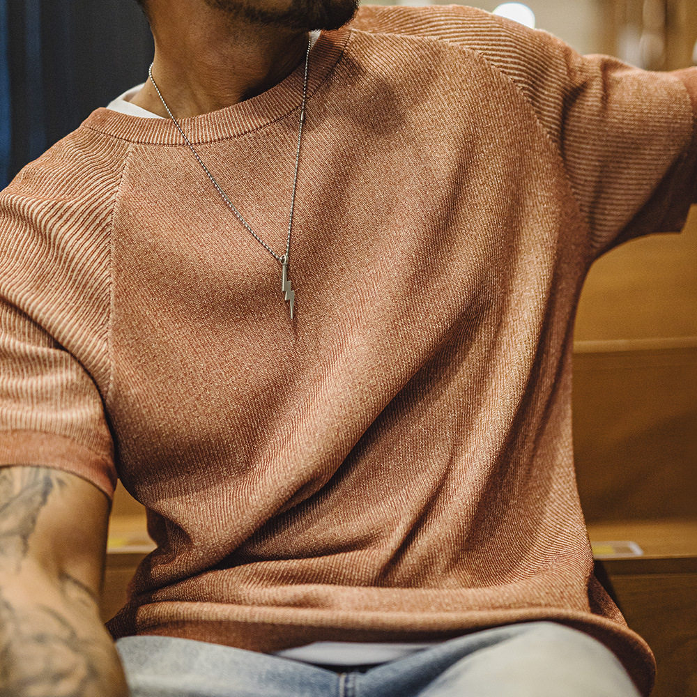 马登工装美式复古橙色针织衫短袖休闲宽松圆领薄款透气T恤男夏季