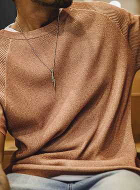 马登工装美式复古橙色针织衫短袖休闲宽松圆领薄款透气T恤男夏季