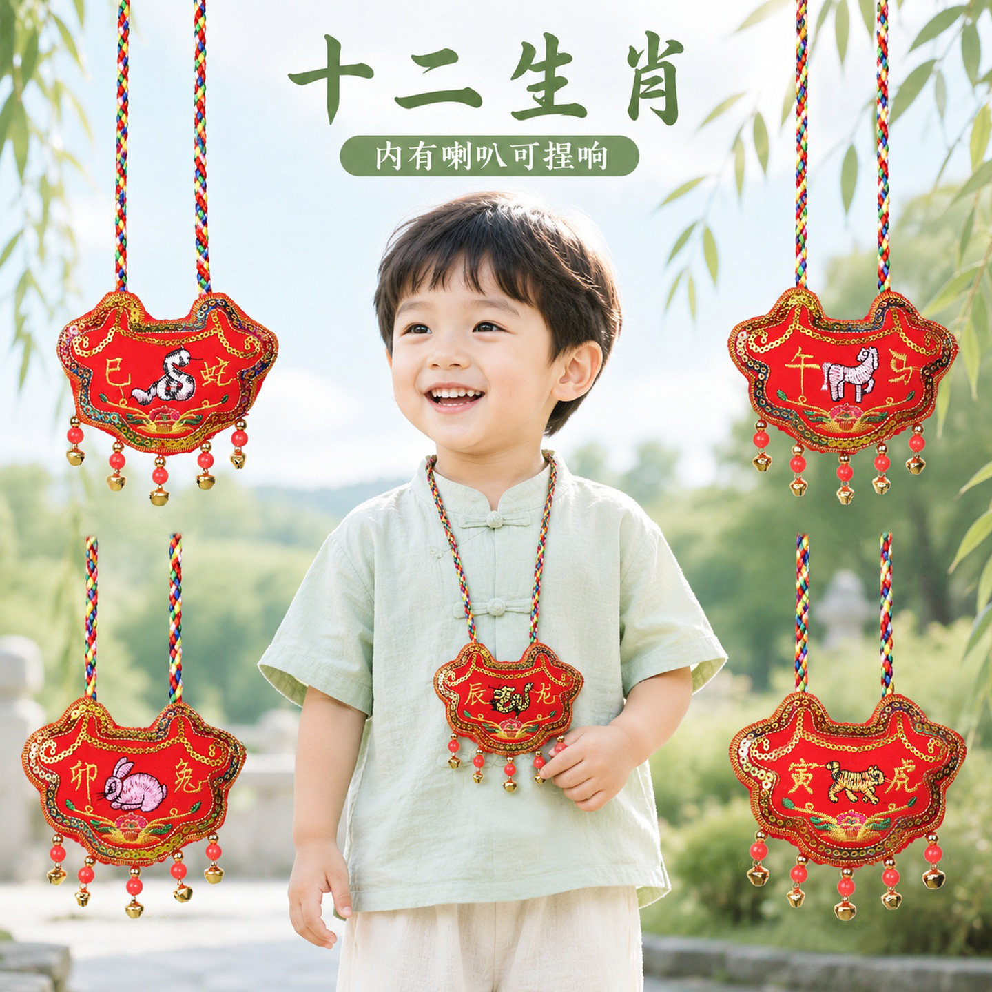 端午节挂脖十二生肖刺绣长命锁