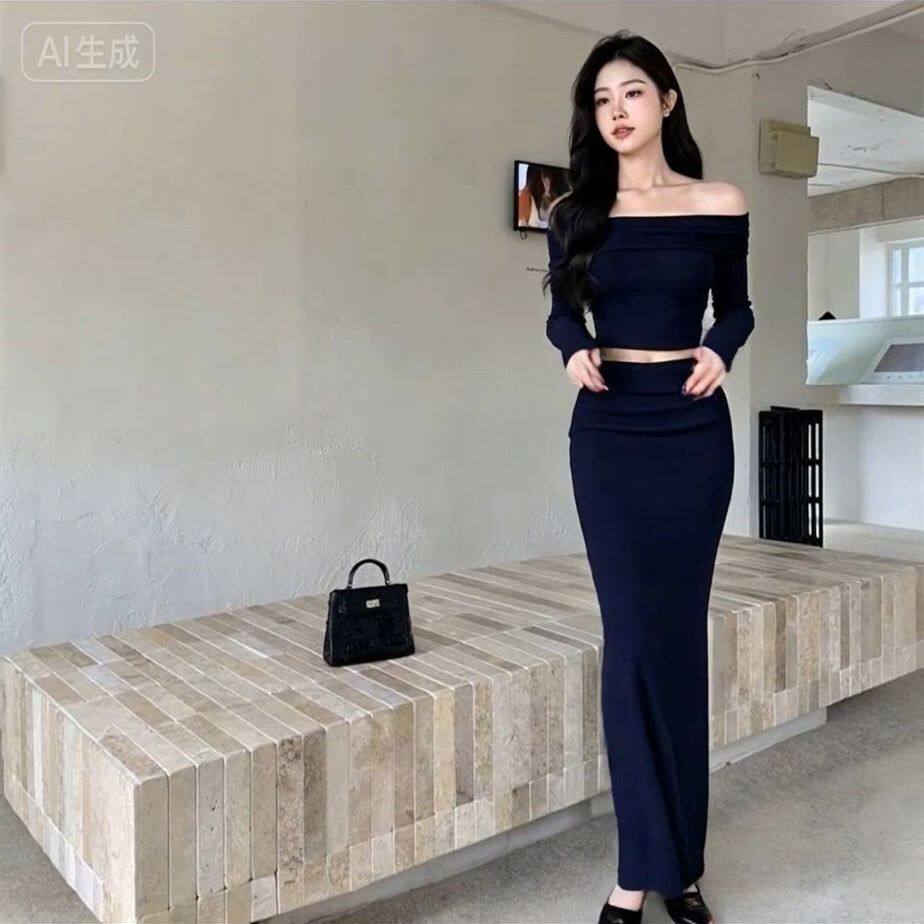 2026秋高级感气质一字肩长袖t恤女早秋上衣+修身显瘦半身裙两件套