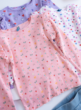 S6-3新款法单有机棉T袖打底儿童长袖2-10岁多色选基础款花边碎花