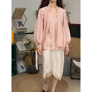 女 衬衫 LANVIVIER 微波光泽质感细腻褶皱16姆米桑蚕丝飘带领灯笼袖