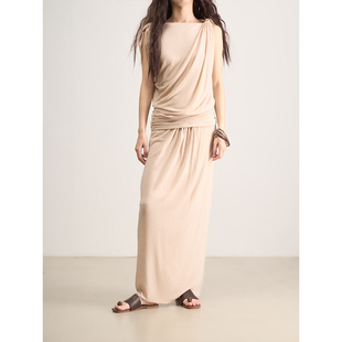 LANVIVIER 雅典希腊的克制美感 金珠装饰自然褶皱无袖上衣+半裙