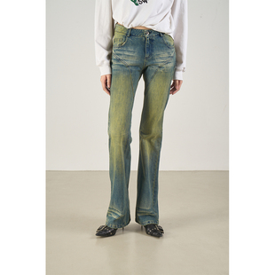 款 LANVIVIER复古窄腿微喇款 四季 牛仔裤 水染印花折痕做旧纯棉修身