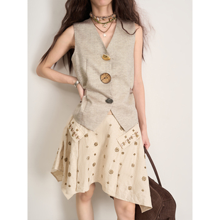 LANVIVIER会唱歌 不规则钉珠半身裙 吉普赛女郎艺术纽扣收腰马甲