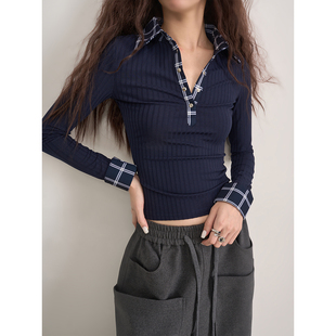 上衣 领拼接藏青色弹力坑条弹力修身 LANVIVIER 仿两件设计格纹衬衫