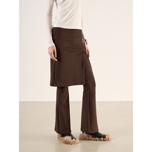 脚拉链开衩弹力裙裤 LANVIVIER 空气感柔软耐皱仿两件套拼接喇叭裤