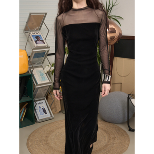 连衣裙女 纯色拼纱一字肩丝绒长款 LANVIVIER 风情万种魅惑大女主