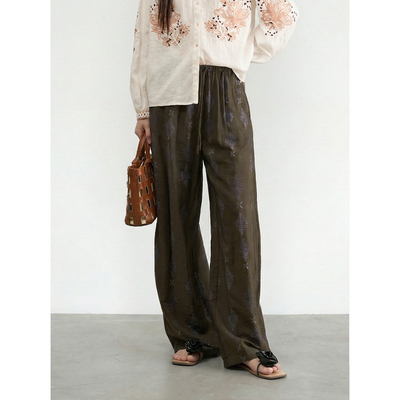 LANVIVIER 法式慵懒松弛感暗调松果绿提花垂感松紧高腰直筒休闲裤