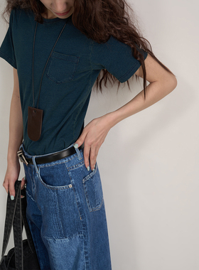 LANVIVIER 怀旧复古主义做旧水洗褪色牛仔靛蓝口袋圆领纯棉T恤女