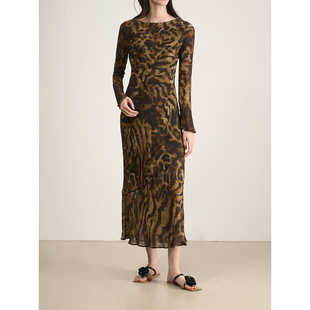 连衣裙 显瘦豹纹印花露背喇叭长袖 LANVIVIER 复古优雅立体斜裁修身