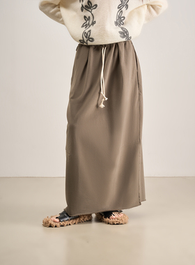 LANVIVIER 轻松惬意未完成感毛圈卫衣面料抽绳松紧高腰休闲半身裙