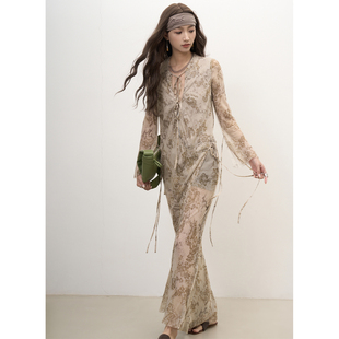 LANVIVIER 系带散边连衣裙 复古文艺风浪漫艺术印花大地色系围裹式