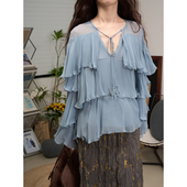 自信从容层次感荷叶边垂感系绳喇叭袖 LANVIVIER 随风舞动 衬衣女