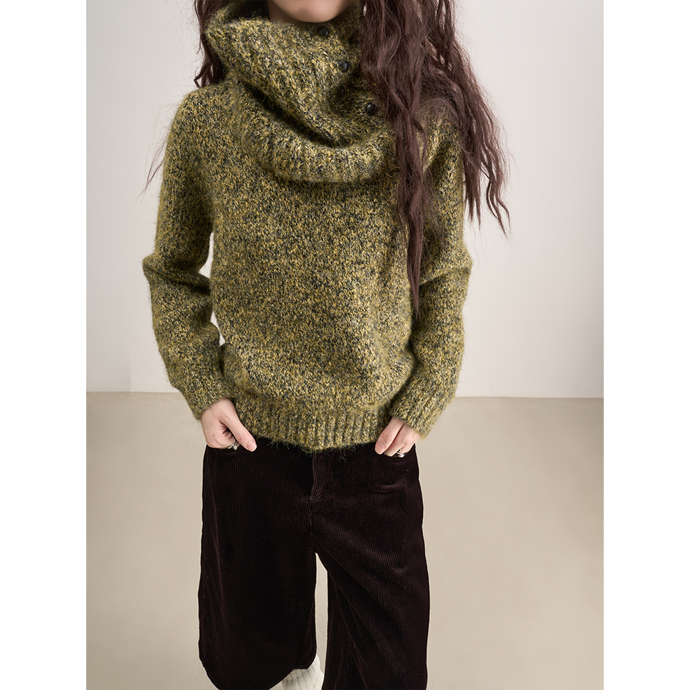 LANVIVIER 冬日色彩极简静奢雾感  乱花绿色围脖长袖套头针织衫女