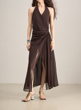 LANVIVIER 明眸皓齿的大女主设定 V领围裹式绑带高开衩飘逸连衣裙