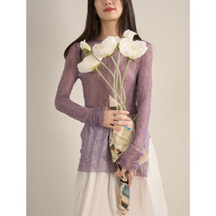 上衣 镂空透视叠搭修身 LANVIVIER 浪漫弹力蕾丝花纱柔软肌理感长袖