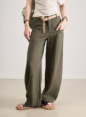 LANVIVIER 极简线条感 轻量户外肌理感透气面料军绿色直筒休闲裤